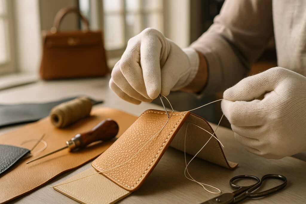 Hermès Handwerkskunst – Detailaufnahme eines Artisans beim Vernähen feinen Leders im Pariser Atelier