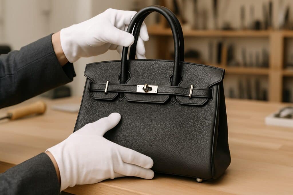 Hermès Tasche bei der Echtheitsprüfung – Gutachter mit weißen Handschuhen begutachtet feines Leder und Hardware im Atelier